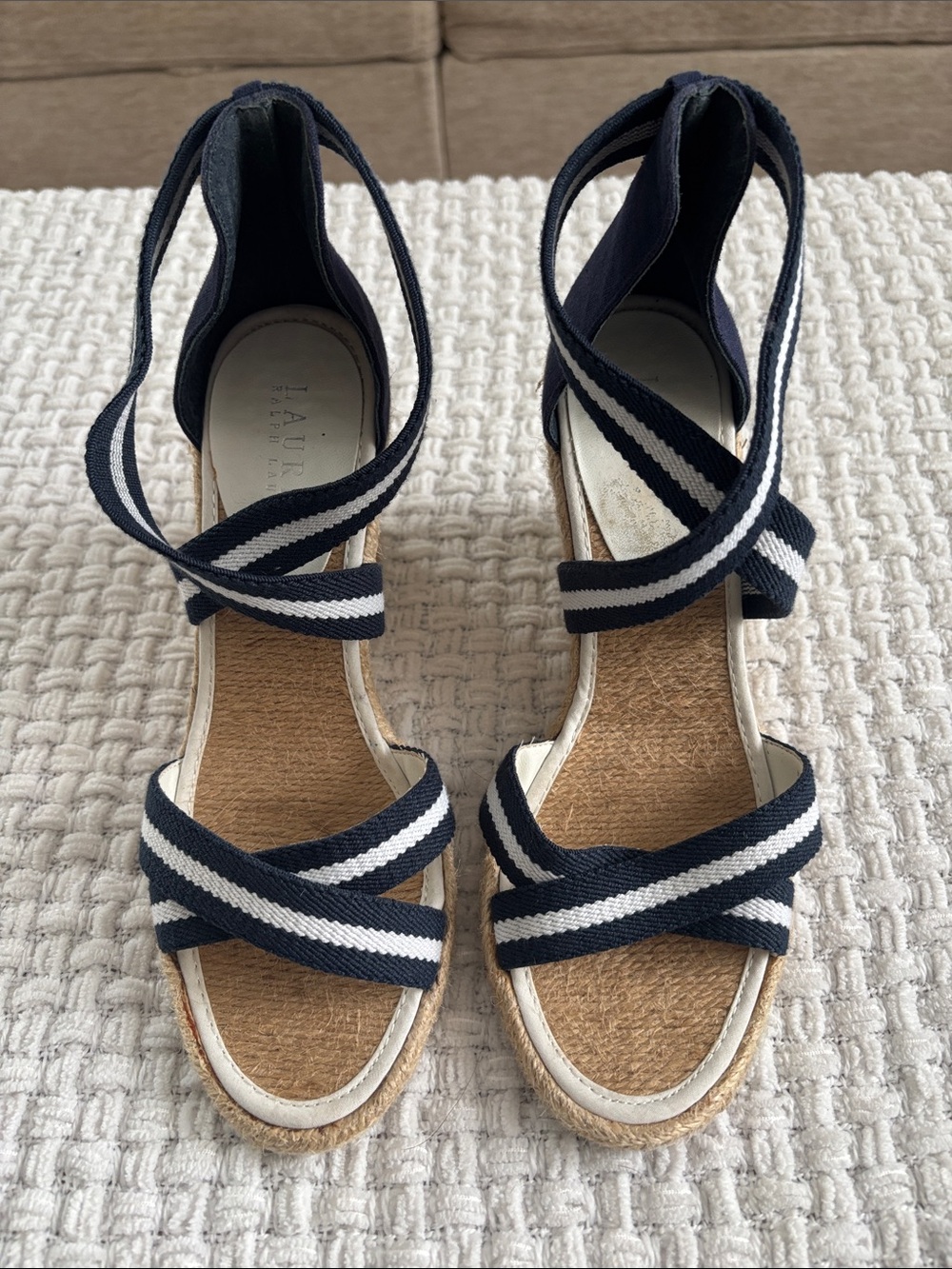 Polo by Ralph Lauren Navy & White Striped Wrap Espadrille Wedges